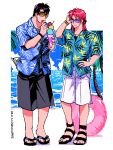  2boys artist_name black_eyes black_footwear black_hair black_shirt black_shorts blue_shirt blue_sky closed_mouth commentary_request dated day expressionless full_body hand_in_own_hair hand_on_own_hip hawaiian_shirt holding_ice_cream horizon ichijou_seiya joukyou_seikatsuroku_ichijou kaiji long_hair looking_at_viewer male_focus medium_bangs multiple_boys murakami_tamotsu ocean open_mouth palm_tree pink_hair pink_innertube purple-tinted_eyewear sandals shirt short_hair shorts simple_bird sky standing sunglasses tinted_eyewear tree undershirt unknown03162 watch water white_shorts wristwatch yellow-tinted_eyewear 