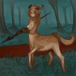  1:1 anthro bovid breasts brown_body brown_fur brown_hair caprine erection flared_penis fur genitals gynomorph hair hooves horn intersex lance_(weapon) looking_at_viewer mammal melee_weapon multicolored_body multicolored_fur nipples nude orange_eyes penis polearm side_view solo syvaron taur two_tone_body two_tone_fur weapon 