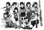  6+girls ak-47 anti-materiel_rifle assault_rifle barrett_m82 blush bow bowtie can closed_mouth collared_shirt commentary fake_horns fn_fnc galil_ace greyscale gun hair_ornament hairclip highres holding holding_can horns indian_style jacket kalashnikov_rifle kneehighs load_bearing_vest long_sleeves looking_at_viewer looking_up m110_sass m4_carbine medium_hair migrainxxl monochrome multiple_girls original rifle school_uniform serafuku shirt short_hair simple_background sitting skirt sniper_rifle socks squatting symbol-only_commentary tactical_clothes thighhighs weapon weapon_on_back weapon_request 