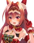 1girl armlet blush breasts cleavage commentary_request daiwa_scarlet_(scarlet_nuit_etoile)_(umamusume) daiwa_scarlet_(umamusume) dress ear_covers fang fur-trimmed_dress fur_trim gloves hair_between_eyes hair_intakes highres horse_girl illuminate_the_heart_(umamusume) key kuroganeruto long_hair looking_at_viewer medium_breasts official_alternate_costume red_dress red_eyes red_gloves red_hair single_ear_cover smile solo tiara umamusume white_background 