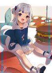  1girl :d ahoge animal_costume animal_hood blue_eyes blue_hair blue_hoodie blue_nails burger commentary cross-laced_footwear fast_food fingernails fins fish_tail food gawr_gura gawr_gura_(1st_costume) grey_hair hair_ornament highres hololive hololive_english hood hoodie light_blush long_sleeves looking_at_viewer medium_hair multicolored_hair nail_polish open_mouth oversized_food oversized_object pizza polearm salmon saya_(sayaya) shadow shark_costume shark_girl shark_hair_ornament shark_hood shark_print shark_tail sharp_teeth shoes sidelocks sitting sleeves_past_wrists smile solo streaked_hair symbol-only_commentary tail teeth trident two_side_up virtual_youtuber weapon white_footwear wide_sleeves 
