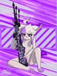  2023 3:4 absollnk abstract_background absurd_res anthro artist_name big_ears blush bottomless breasts canid canine clothed clothing digital_drawing_(artwork) digital_media_(artwork) dipstick_ears ear_piercing featureless_crotch female fennec fox fur gradient_hair gun hair hi_res highlights_(coloring) looking_at_viewer mammal mercura_(absollnk) multicolored_ears navel nude paws piercing prosthetic purple_eyes purple_highlights ranged_weapon rifle shaded signature sitting sitting_on_ground small_breasts smile smiling_at_viewer sniper_rifle solo weapon white_body white_fur white_hair 