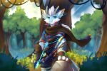  anthro arrow_(weapon) artist_name blue_body blue_bottomwear blue_clothing blue_eyes blue_fur blue_shorts blue_topwear bottomwear bow_(weapon) brown_cape cheek_tuft clothed clothing dragon facial_tuft front_view fur furred_dragon glistening glistening_eyes hair hi_res holding_bow_(weapon) holding_object holding_weapon kuttoyaki looking_at_viewer male mouth_closed outside plant ranged_weapon short_hair shorts shrub solo standing topwear tree tuft weapon white_body white_fur white_hair 