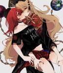  2girls ayahi_4 bare_shoulders black_choker black_dress black_shirt blonde_hair blush chain chinese_clothes choker clothes_writing commentary dress earth_(ornament) eye_contact gold_chain hand_on_another&#039;s_thigh hecatia_lapislazuli highres imminent_kiss junko_(touhou) long_hair long_sleeves looking_at_another medium_hair multiple_girls off-shoulder_shirt off_shoulder phoenix_crown plaid plaid_skirt polos_crown red_eyes red_hair red_tabard shirt simple_background skirt sweatdrop t-shirt tabard touhou underworld_(ornament) white_background yuri 