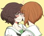  2girls akiyama_yukari blush brown_hair eyes_closed girls_und_panzer hands_on_another&#039;s_shoulders heart imminent_kiss kiss kissing_nose multiple_girls nishizumi_miho noumen one_eye_closed ooarai_school_uniform school_uniform serafuku short_hair smile white_serafuku yuri 