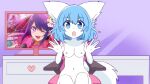  blue_hair breasts canid canine canis female front_view fur genitals hair hi_res humanoid mammal nude pink_chair pussy screenshot_edit solo sunniarts tagme white_body white_fur wolf wolfychu 