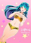  animal_print bikini blonde_hair blue_hair commentary_request fang gradient_background heart heart_hands long_hair lum navel open_mouth pink_background pointy_ears simple_background star_(symbol) strapless strapless_bikini swimsuit takafumi_696 tiger_print urusei_yatsura yellow_bikini 