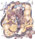  1boy 1girl :d ;d ? blue_hair brown_coat brown_eyes brown_gloves brown_hair brown_headwear brown_skirt bucket_(b1zja) coat gloves grey_eyes hat highres holding holding_magnifying_glass klefki long_sleeves looking_at_viewer magnifying_glass official_alternate_costume one_eye_closed plaid_coat pokemon pokemon_(game) pokemon_masters_ex shauna_(pokemon) shauna_(special_costume)_(pokemon) shirt skirt smile steven_stone steven_stone_(special_costume) stoutland twintails white_gloves 