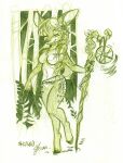  2021 anthro breasts deer eyes_closed faun featureless_breasts female forest fur hair j3t mammal monochrome navel outside plant solo staff tree 