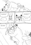  2023 anthro balls bed bernielover blush butt canid canine comic disney duo embrace english_text erection eyes_closed fan_character fox furniture genitals gideon_grey hi_res hug humanoid_hands kissing lagomorph leporid lying male mammal penis rabbit slightly_chubby tail tail_motion tailwag text zootopia 