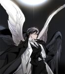  1boy angel_wings black_hair black_jacket black_vest black_wings collared_shirt commentary dark_background from_side hinizana jacket jacket_on_shoulders kim_dokja korean_commentary male_focus multiple_wings omniscient_reader&#039;s_viewpoint shirt simple_background solo spoilers vest white_jacket white_wings wings 