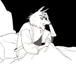  anthro arctic_wolf bed bedding black_background blanket canid canine canis clothing furniture hand_on_head hi_res illumination_entertainment jimmy_crystal lumise05 male mammal mostly_nude pillow robe robe_only simple_background sing_(movie) solo wolf 