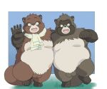  2023 anthro balls belly big_belly brown_body canid canine duo embrace genitals ghibli hi_res hug humanoid_hands inunoshippo kemono male male/male mammal moobs overweight overweight_male pom_poko raccoon_dog tanuki 