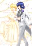  1boy 1girl athrun_zala blonde_hair blue_hair cagalli_yula_athha character_name couple dress gundam gundam_seed locked_arms necktie parubinko smile suit tailcoat waistcoat white_suit yellow_dress 