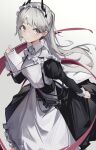  1girl arknights black_dress chichi_guai cowboy_shot dress earrings grey_background grey_eyes grey_hair head_wings headdress highres holding holding_notebook irene_(arknights) jewelry long_sleeves looking_at_viewer maid notebook simple_background solo wings 