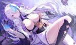  1girl absurdres azur_lane blush breasts bug butterfly closed_mouth hair_ornament hair_over_one_eye highres kneehighs large_breasts looking_at_viewer lying multicolored_hair on_back one_eye_covered partially_submerged purple_eyes purple_hair socks solo streaked_hair tansuan_(ensj3875) thighs unzen_(azur_lane) water wet white_hair 