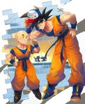  +++ 2boys ^_^ afterimage baggy_pants bald baseball_cap bent_over biceps black_eyes black_footwear black_hair blue_footwear blue_sash blue_shirt blue_wristband boots character_name closed_eyes collarbone dougi dragon_ball dragon_ball_z finger_wagging grin hand_on_own_hip hand_up hat index_finger_raised kuririn looking_at_another male_focus motion_lines multiple_boys muscular muscular_male ommmyoh orange_pants pants sash shirt short_sleeves smile son_goku spiked_hair standing teeth v-shaped_eyebrows white_background wristband 