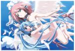  2girls angel_wings ass back blue_eyes blue_hair blue_sky blush breasts chain collar completely_nude feathered_wings feet flying green_eyes hair_ribbon hug ikaros large_breasts long_hair looking_ahead looking_down multiple_girls nude nymph_(sora_no_otoshimono) open_mouth panties panties_removed pink_hair red_ribbon ribbon robot_ears sky small_breasts sora_no_otoshimono thighs transparent_wings twintails underwear very_long_hair watanabe_yoshihiro white_wings wings 