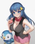  1girl absurdres alternate_breast_size black_shirt blue_eyes blue_hair breasts cleavage closed_mouth commentary_request cowboy_shot dawn_(pokemon) eyelashes hair_ornament hairclip hand_on_own_hip highres holding holding_poke_ball large_breasts maboroshi_yuki_shiro pink_skirt piplup poke_ball poke_ball_(basic) pokemon pokemon_(anime) pokemon_(creature) pokemon_dppt_(anime) scarf shirt skirt sleeveless sleeveless_shirt smile 