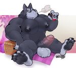  2023 anthro areola balls barazoku basket big_bad_wolf big_balls big_pecs big_penis black_body black_fur blowing_smoke canid canine canis container digital_media_(artwork) erection ever_after_high eyebrows fairy_tales feet foreskin fur genitals glans grey_body grey_fur hi_res humanoid_genitalia humanoid_penis male mammal mattel muscular muscular_anthro muscular_male navel nipples pecs penis picnic_basket picnic_blanket retracted_foreskin schwarzfox sitting smoking_pipe solo teeth vein veiny_penis wolf yellow_eyes 