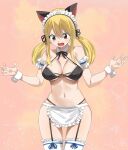  1girl animal_ears annoyed apron armband bikini black_bikini blonde_hair blush breasts brown_eyes cat_ears cleavage collarbone commentary cowboy_shot detached_collar embarrassed fairy_tail fake_animal_ears flying_sweatdrops frilled_apron frilled_bikini frills frown garter_straps gaston18 hair_between_eyes halterneck highres large_breasts linea_alba lipstick looking_down lucy_heartfilia maid maid_bikini maid_headdress makeup multicolored_background navel open_mouth sidelocks solo sparkle swimsuit symbol-only_commentary thighhighs twintails unconventional_maid w_arms wide_hips wrist_cuffs 