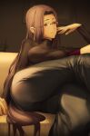  1girl breasts casual crossed_legs fate/stay_night fate_(series) forehead glasses large_breasts long_hair looking_to_the_side medusa_(fate) medusa_(rider)_(fate) solo sweater tamamoice turtleneck turtleneck_sweater 