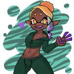  &lt;3 animal_humanoid animal_print breasts cephalopod cephalopod_humanoid clothing dark_body dark_skin ear_piercing eyelashes female frye_(splatoon) hair humanoid inkling looking_at_viewer marine marine_humanoid mollusk mollusk_humanoid multicolored_hair navel nintendo nipple_slip nipples nsfwbunniii piercing pseudo_hair purple_fingers purple_mouth purple_nipples slim small_breasts smile solo splatoon tracksuit zebra_print 