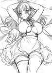  1girl arms_behind_head azur_lane bangs blush breasts clothing_cutout commentary_request dido_(azur_lane) doll earrings greyscale highres jewelry large_breasts looking_at_viewer lying maid monochrome on_bed sketch solo thighhighs thighs underboob underboob_cutout ygcn 