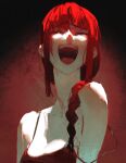  1girl bare_shoulders black_shirt braid breasts chainsaw_man closed_eyes dino_(dinoartforame) hair_between_eyes highres laughing makima_(chainsaw_man) medium_breasts open_mouth pale_skin red_background red_hair shirt simple_background single_braid solo teardrop upper_body 