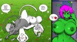  alien antennae_(anatomy) anthro big_breasts big_butt black_eyes blush breast_jiggle breasts butt call_me dialogue domestic_cat english_text felid feline felis female flower frae_jlanx fur grass_field green_body grey_body grey_fur grey_hair group hair hayakain huge_breasts jiggling kitty_(hayakain) male mammal motion_lines multicolored_body multicolored_fur pink_hair plant smile speech_bubble tail tasha_(hayakain) teo_(hayakain) text two_tone_body two_tone_fur white_body white_fur 