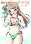  1girl ass_visible_through_thighs bikini blunt_bangs breasts brown_eyes brown_hair cleavage dated front-tie_bikini_top front-tie_top green_bikini happy_birthday heart heart_hands highres long_hair love_live! medium_breasts minami_kotori one_side_up open_mouth round_teeth side-tie_bikini_bottom simple_background solo swimsuit teeth upper_teeth_only white_background yukimura_hajime 