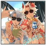  2boys alternate_costume arataki_itto arm_tattoo black_nails chest_tattoo closed_mouth coconut cup day drink drinking_straw english_text flower genshin_impact hair_flower hair_ornament hand_tattoo height_difference holding holding_cup horns ice ice_cube kamisato_ayato long_hair male_focus mole mole_under_mouth multiple_boys oni_horns open_clothes open_shirt parted_bangs pectorals red_flower red_horns signature summer t_k7610 tattoo upper_body v v-shaped_eyebrows white_flower white_hair yellow_flower 