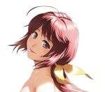  1girl ahoge blue_eyes blush collarbone from_side hair_intakes hair_ribbon kagami_sumika long_hair looking_at_viewer low_ponytail muv-luv nude pink_lips popgun_(22882502) portrait red_eyes red_hair ribbon shaft_look simple_background smile solo white_background yellow_ribbon 
