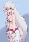  1girl animal_ears arctic_fox_(kemono_friends) blush bow bowtie breasts brown_eyes cleavage flying_sweatdrops fox_ears fox_girl gray_gray halterneck highres kemono_friends long_hair looking_at_viewer midriff navel official_alternate_costume ribbon ribbon-trimmed_bikini ribbon_trim sarong solo standing swimsuit very_long_hair white_hair wrist_cuffs 