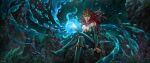  1girl air_bubble aquaman_(series) bare_shoulders bodysuit breasts bubble circlet cleavage commentary crossed_legs dc_comics detached_sleeves english_commentary green_bodysuit green_sleeves highres kael_ngu large_breasts long_hair looking_at_viewer magic mera_(dc) red_hair rock seaweed sitting solo underwater water 