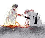  2boys ahoge arm_support black_hair black_kimono blood blood_from_mouth blood_on_clothes blood_on_face blood_on_hands blood_splatter cape dissolving earrings eye_contact fate/grand_order fate_(series) feet_out_of_frame fist_bump from_side hair_over_one_eye hand_on_ground jacket japanese_clothes jewelry kimono kneeling light_particles long_hair long_sleeves looking_at_another low_ponytail male_focus multicolored_hair multiple_boys nagatekkou on_ground open_clothes open_kimono pants parted_lips profile red_eyes red_hair royst short_hair smile streaked_hair takasugi_shinsaku_(fate) waist_cape wavy_hair white_background white_cape white_hair white_jacket white_pants wide_sleeves yoshida_shouin_(fate) 