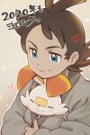  1boy 2020 antenna_hair blue_eyes blush closed_eyes dark-skinned_male dark_skin goh_(pokemon) heart highres male_focus pokemon pokemon_(anime) pokemon_(creature) pokemon_journeys rechain scorbunny smile 