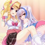  2girls :d :p all_fours aria. black_hairband black_ribbon black_skirt blonde_hair blue_eyes blue_shirt blurry blurry_background blush bow breasts cleavage closed_mouth clothes_around_waist commentary eyelashes eyes_visible_through_hair frilled_skirt frills grey_hair gyaru hair_between_eyes hair_intakes hair_ornament hair_ribbon hair_scrunchie hairband hairclip half_updo hand_up happy heart heart-shaped_pupils heart_necklace jewelry knee_up large_breasts long_hair long_sleeves looking_at_viewer miniskirt multicolored_hair multiple_girls nail_polish naughty_face necklace off_shoulder open_mouth orange_background orange_eyes pink_hair pink_nails pink_scrunchie pink_skirt pink_sweater pink_wristband pinkpunkpro plaid plaid_skirt purple_thighhighs red_bow ribbon scrunchie shiny_skin shirt short_sleeves sidelocks simple_background sitting skirt smile socks sonohara_airi sonohara_noel star_(symbol) star_hair_ornament streaked_hair striped striped_bow striped_thighhighs sweater symbol-shaped_pupils thighhighs thighs tongue tongue_out twintails v v_over_eye very_long_hair virtual_youtuber wavy_hair white_shirt white_socks x_hair_ornament yellow_eyes zettai_ryouiki 