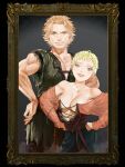  1boy 1girl bare_shoulders blonde_hair blue_eyes breasts dress fata_morgana_no_yakata gratien_(fata_morgana_no_yakata) green_eyes grin highres kane_mune large_breasts long_sleeves looking_at_viewer maria_campanella muscular muscular_male official_art picture_frame short_hair sleeveless smile upper_body 