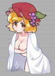  1girl aki_minoriko blonde_hair blush breasts cleavage closed_mouth collarbone dated fruit_hat_ornament grape_hat_ornament hat hat_ornament highres large_breasts mob_cap nipples red_eyes red_headwear shikido_(khf) short_hair signature solo touhou 