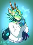  2023 5_fingers anthro breasts clothed clothing digital_media_(artwork) dragon eyebrows eyelashes female fingers green_eyes green_hair hair hi_res kittydee non-mammal_breasts open_mouth smile teeth tongue wingless_dragon 