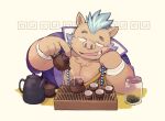  2023 anthro beverage brown_body clothed clothing gouryou humanoid_hands kemono kinoshita-jiroh lifewonders male mammal overweight overweight_male solo suid suina sus_(pig) tea tokyo_afterschool_summoners wild_boar 