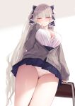  1girl absurdres azur_lane blush bra breasts chair classic_(zildjian33) formidable_(azur_lane) grey_hair hair_ribbon highres lace-trimmed_bra lace-trimmed_panties lace_trim large_breasts long_hair long_sleeves looking_at_viewer looking_down panties pantyshot partially_unbuttoned pleated_skirt red_eyes ribbon school_chair school_uniform shirt skirt solo thighs twintails two-tone_ribbon underwear very_long_hair 