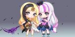  2girls :&lt; absurdres bai_guangying_(ye_luoli) black_dress black_eyes black_hair blonde_hair blunt_bangs chibi crown doll_joints dress dual_persona full_body gear_hair_ornament grey_background highres holding holding_hands holding_weapon joints kumu_zaisheng long_hair mini_crown multicolored_hair multiple_girls parted_bangs pink_hair split-color_hair streaked_hair weapon white_hair ye_luoli 