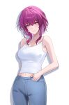  1girl absurdres alternate_costume bare_arms bare_shoulders breasts camisole commentary_request cowboy_shot denim hasom head_tilt highres honkai:_star_rail honkai_(series) jeans kafka_(honkai:_star_rail) long_hair looking_at_viewer medium_breasts midriff_peek pants purple_eyes purple_hair simple_background smile solo spaghetti_strap standing thighs white_background 