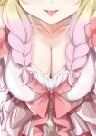  1girl absurdres arm_between_legs arm_scrunchie bikini blonde_hair bow bow_bikini braid breast_focus breasts cleavage close-up collarbone commentary_request frilled_bikini frills gradient_hair hair_ribbon highres jewelry large_breasts layered_bikini lips long_hair love_live! love_live!_superstar!! low_twin_braids midriff multicolored_hair navel necklace onitsuka_natsumi pearl_necklace ribbon shikaokura smile solo star_(symbol) star_necklace swimsuit tongue tongue_out twin_braids two-tone_bikini white_background 