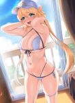  1girl artoria_caster_(fate) artoria_caster_(swimsuit)_(fate) artoria_pendragon_(fate) bare_arms bare_shoulders bikini blonde_hair blush breasts cleavage commentary_request fate/grand_order fate_(series) front-tie_bikini_top front-tie_top green_eyes hat highres indoors kisaragi_tsurugi large_breasts long_hair looking_at_viewer navel open_mouth side-tie_bikini_bottom sideboob solo stomach sweat swimsuit thigh_strap thighs underboob white_bikini white_headwear 
