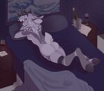  alcohol anthro antlers bed beverage bucklucky butt container cup deer drinking_glass ears_back female furniture glass glass_container glass_cup grey_body hair hi_res hooves horn inside looking_at_viewer lying mammal mouth_closed narrowed_eyes nude on_bed on_front painting pivoted_ears scut_tail short_tail solo spotted_back spotted_legs spotted_shoulders tail white_body white_hair wine wine_bottle wine_glass 