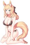  1girl :d absurdres animal_ears arknights bare_arms bare_legs bare_shoulders bikini black_bikini black_bow blonde_hair blue_eyes blush bow breasts cleavage commentary_request flip-flops hair_bow highres kneeling large_breasts long_hair looking_at_viewer navel neti_(cpu11151) open_mouth sandals simple_background smile solo stomach swimsuit tail thighs whislash_(arknights) white_background 