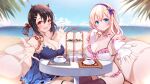  2girls :d absurdres alternate_costume azur_lane bare_shoulders beach bell bikini black_hair black_thighhighs blonde_hair blue_dress blue_eyes blue_sky blush bow breast_rest breasts breasts_on_table brown_eyes checkerboard_cookie choker cleavage closed_mouth cloud collarbone commentary_request cookie couch cup day dress elbow_gloves fingerless_gloves food frilled_bikini frills gloves hair_between_eyes hair_ornament hairband hairclip highres horns jingle_bell large_breasts leander_(azur_lane) long_hair looking_at_viewer low_twintails macaron midriff multiple_girls nagara_(azur_lane) ocean open_mouth origami_aya outdoors outstretched_arm partial_commentary petals pink_bow purple_choker purple_hairband red_bow sidelocks sitting sky sleeveless sleeveless_dress smile sundress swimsuit tablecloth tea teacup thigh_strap thighhighs tiered_tray twintails white_bikini white_gloves 
